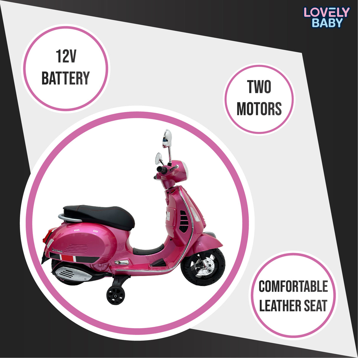 Pink toy scooter with features listed on a white background