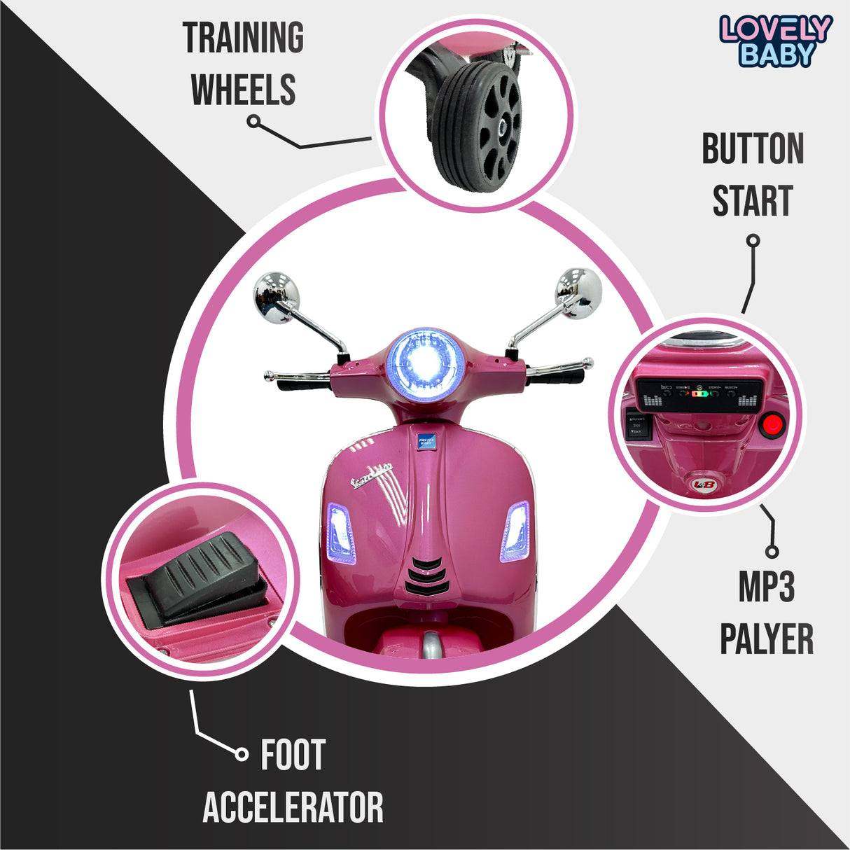 Pink children's scooter with features highlighted on a black and white background