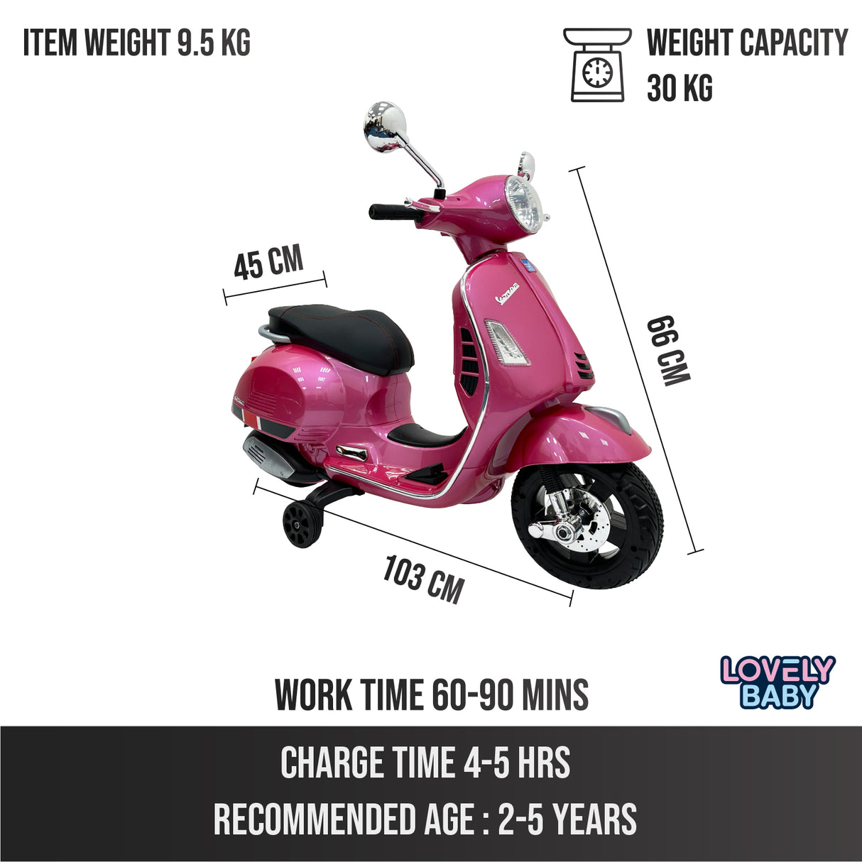 Pink children's scooter with specifications on a white background