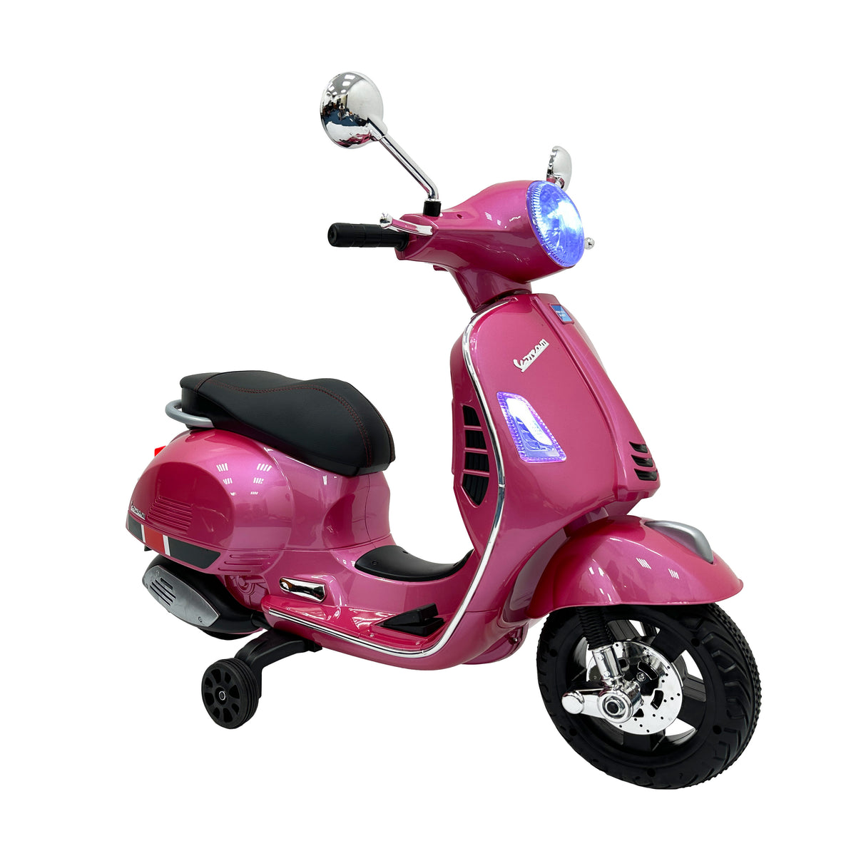 Pink toy scooter with black seat on a white background