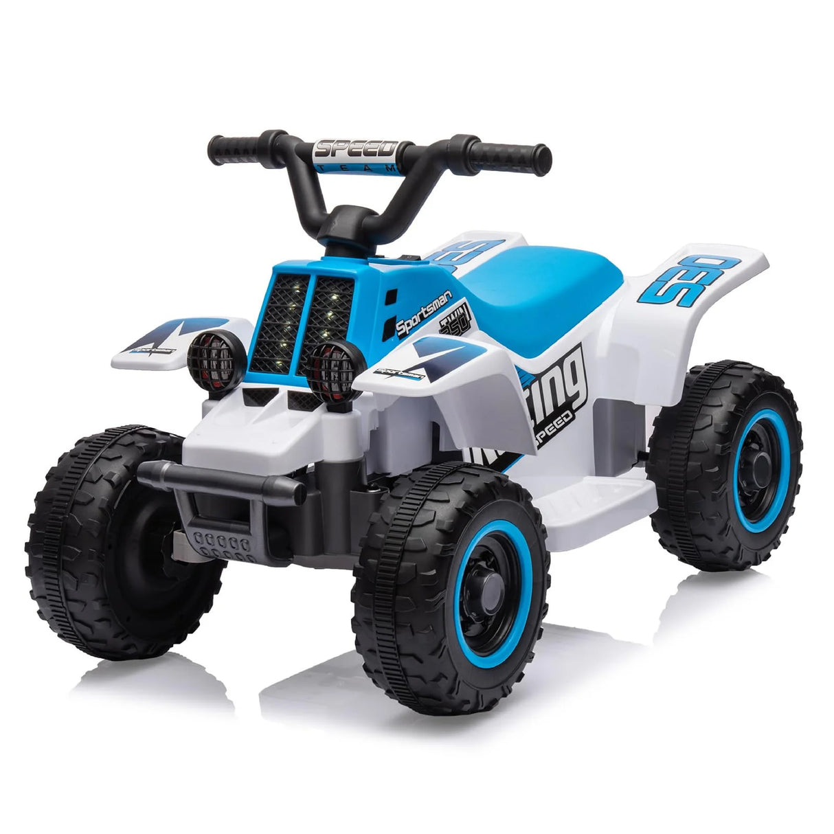 Children's toy quad bike with blue and white design on a white background