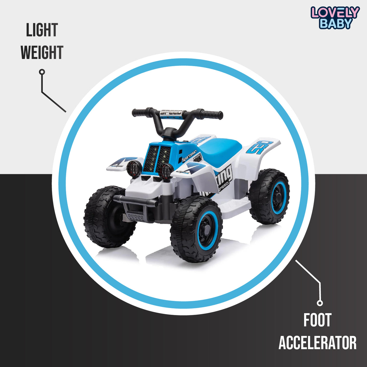 Toy quad bike with blue and white design on a gray background, featuring the brand 'Lovely Baby'.
