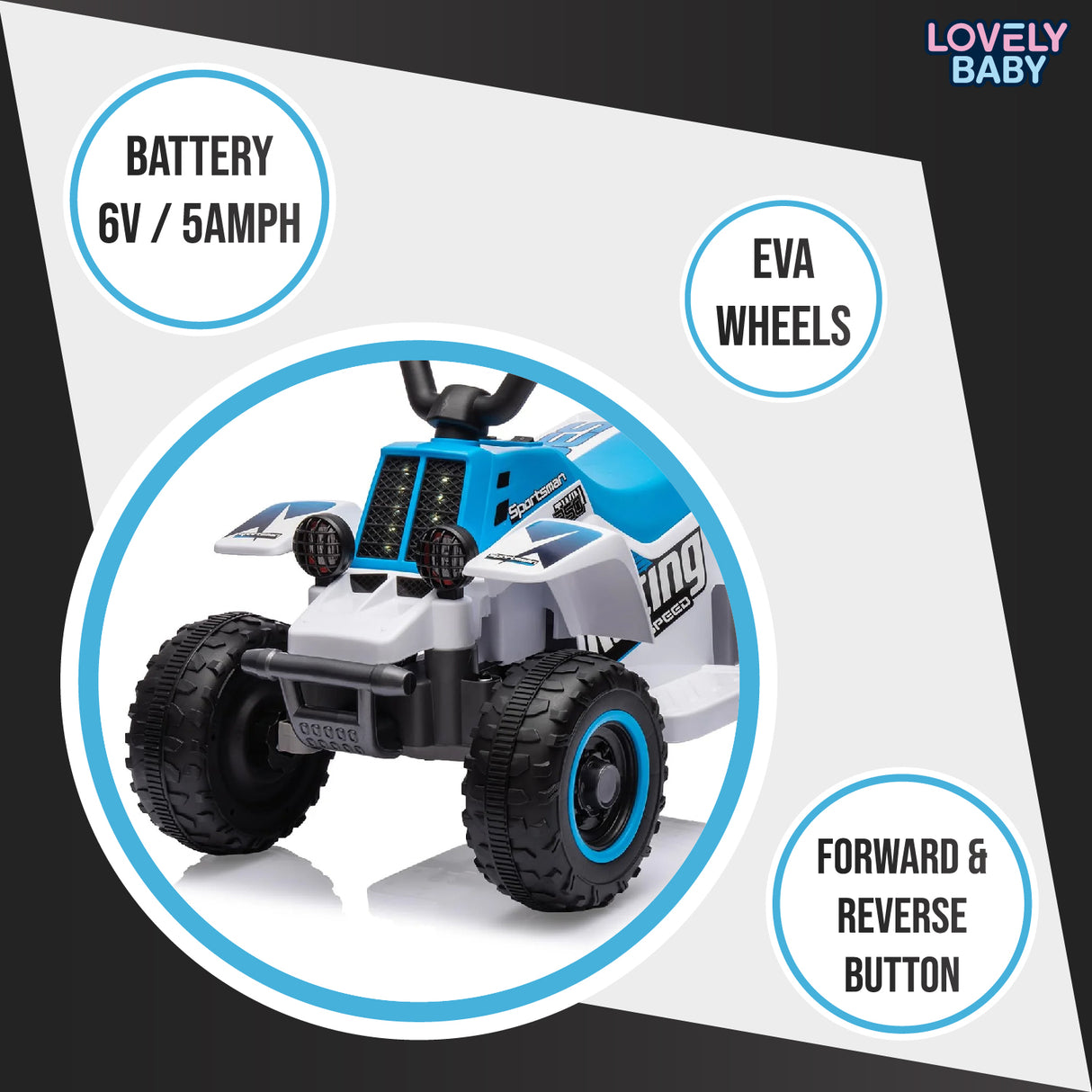 Toy vehicle with features highlighted on a white background, branded 'Lovely Baby'.