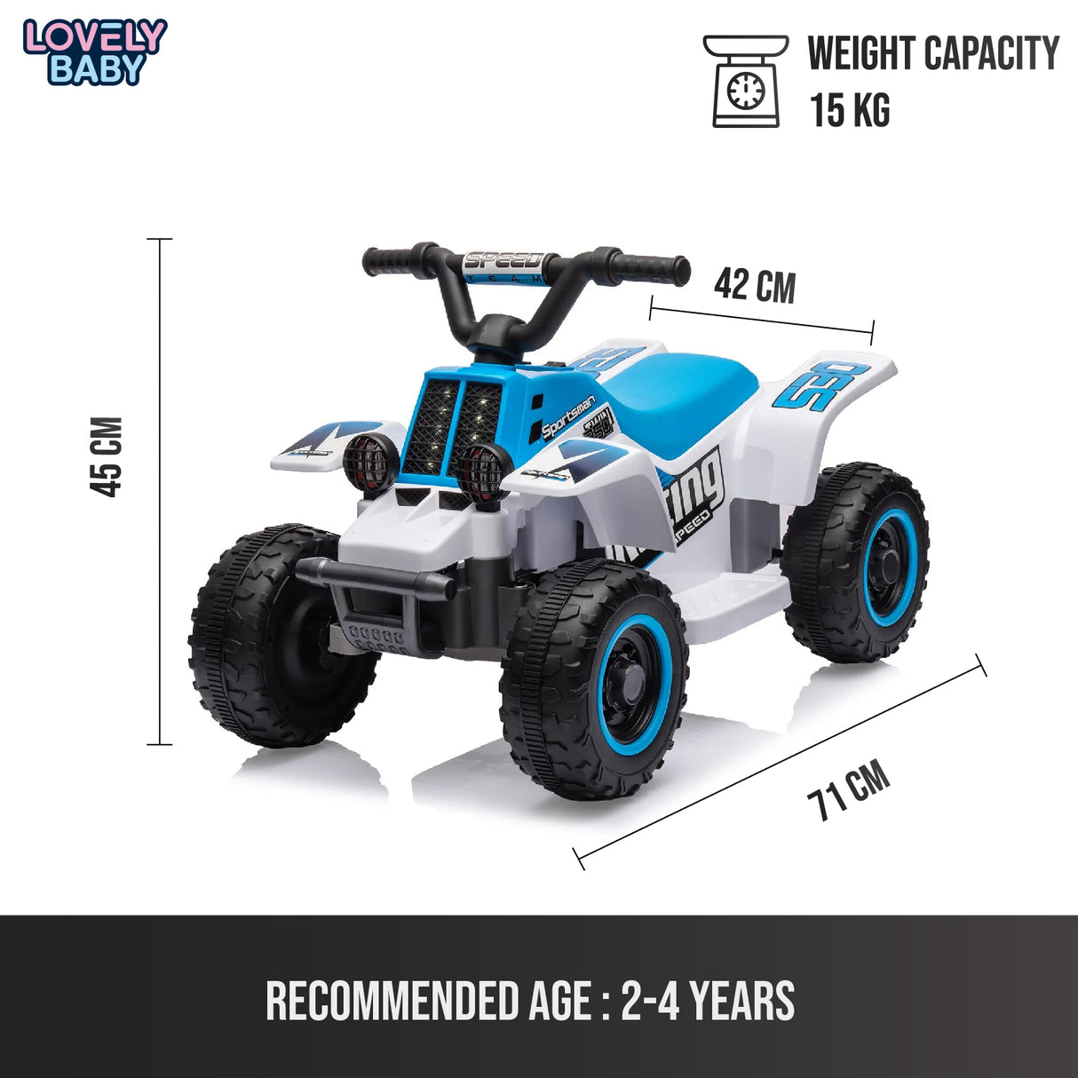 Children's toy quad bike with dimensions and weight capacity details on a white background