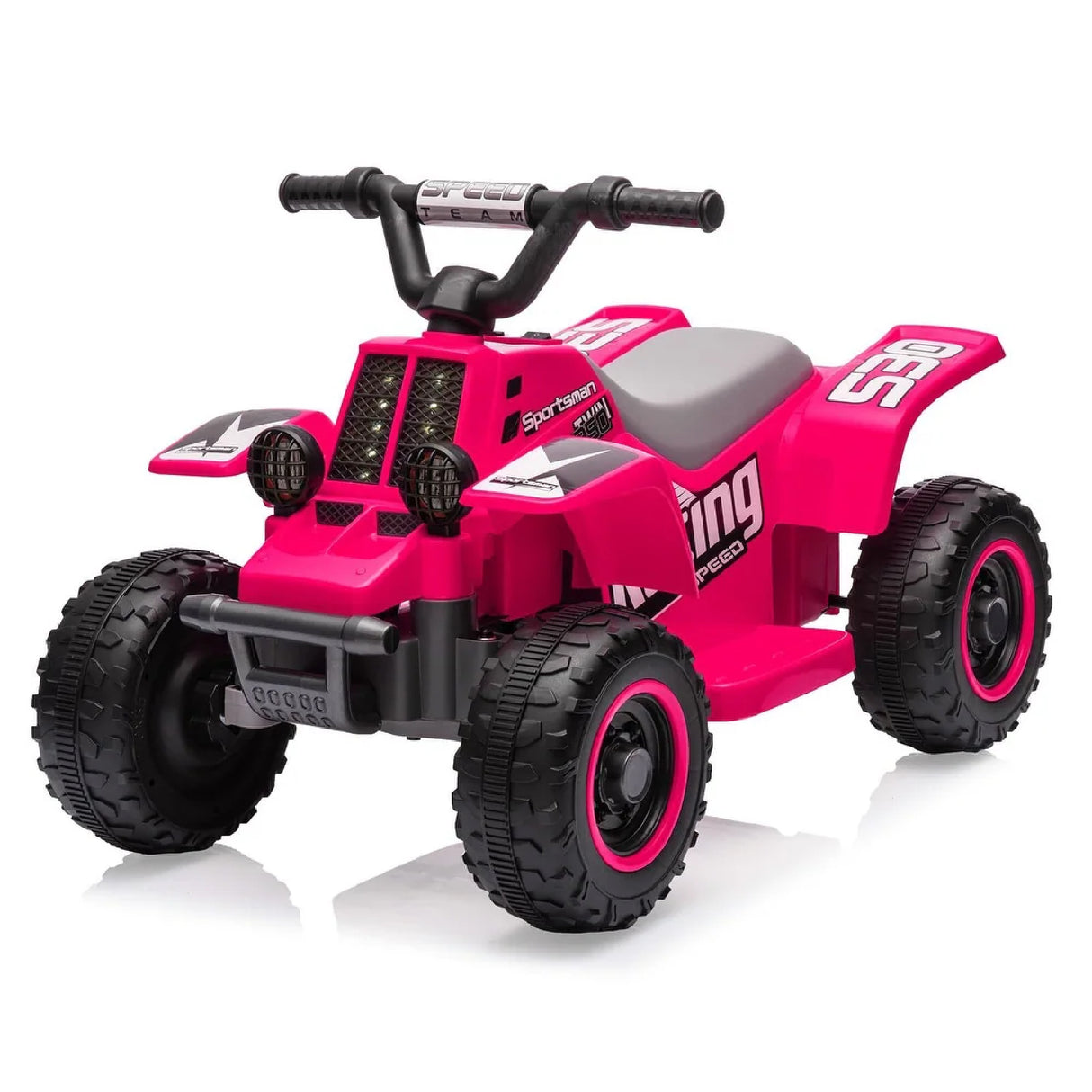 Pink toy ATV with black tires on a white background