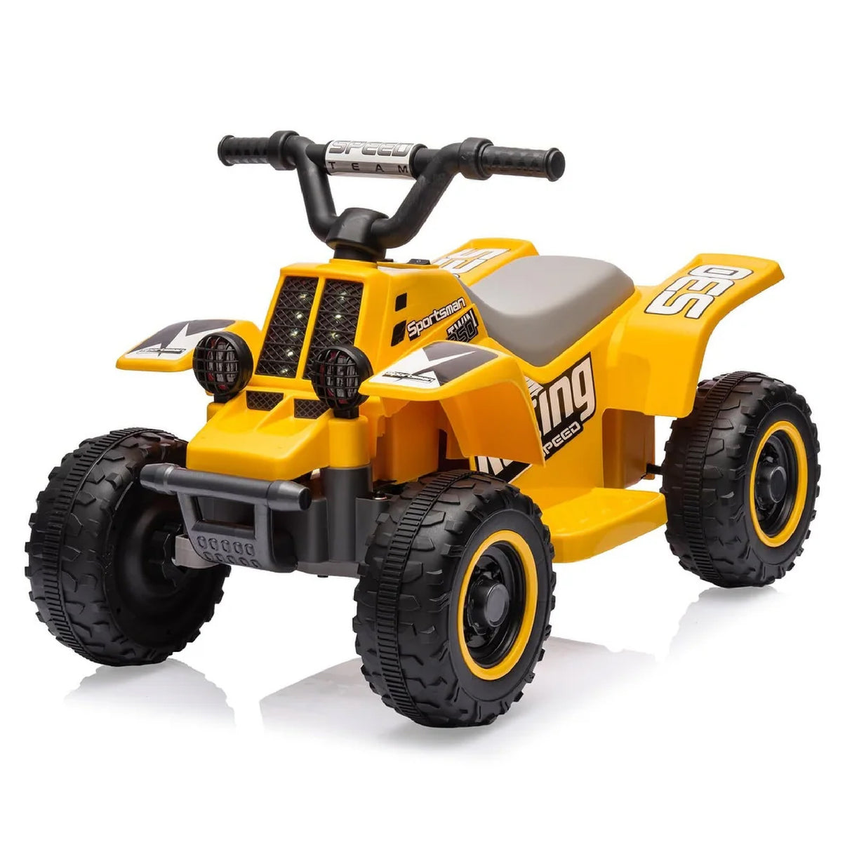 Yellow toy ATV with black tires on a white background
