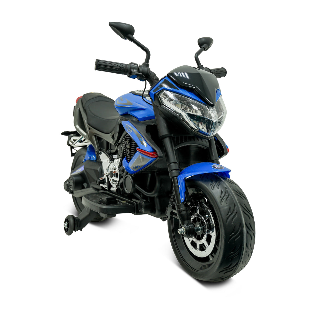 Blue and black toy motorcycle on a white background