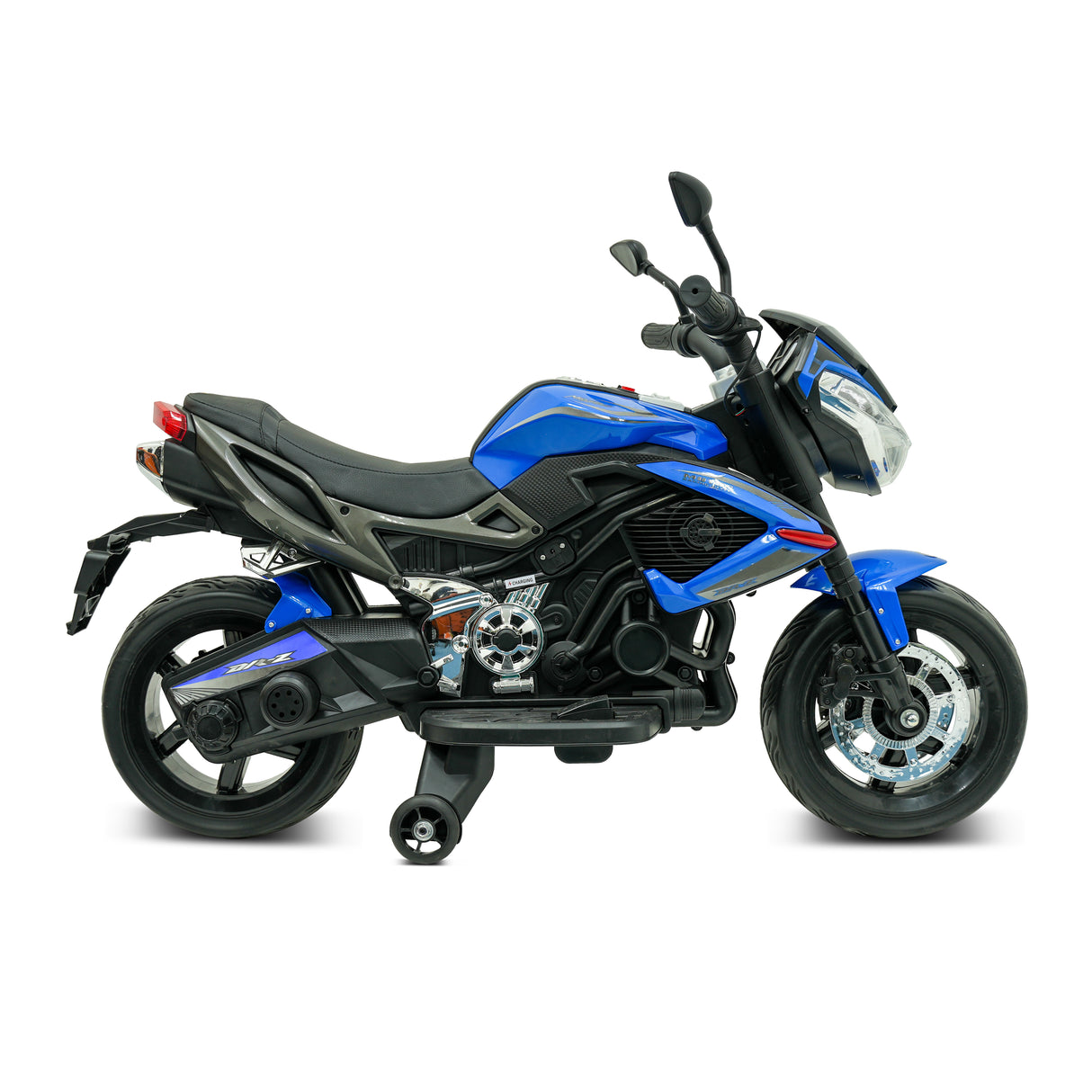 Model motorcycle with blue and black design on a white background