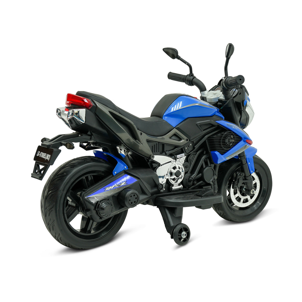 Model motorcycle with blue and black design on a white background
