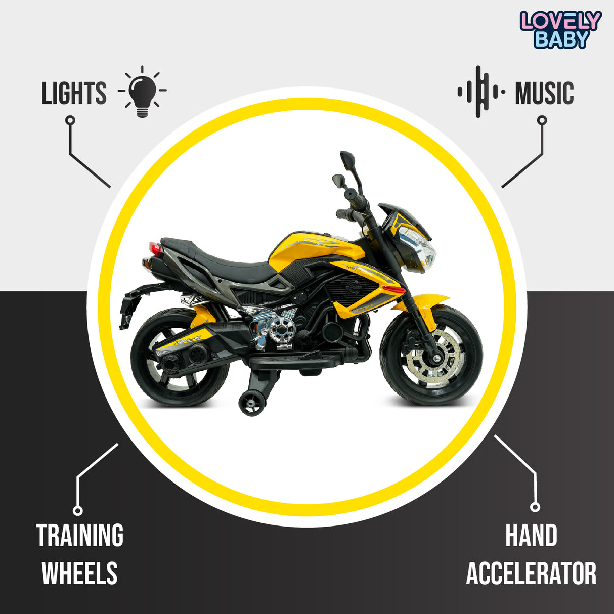 Toy motorcycle with features listed around it on a gray background