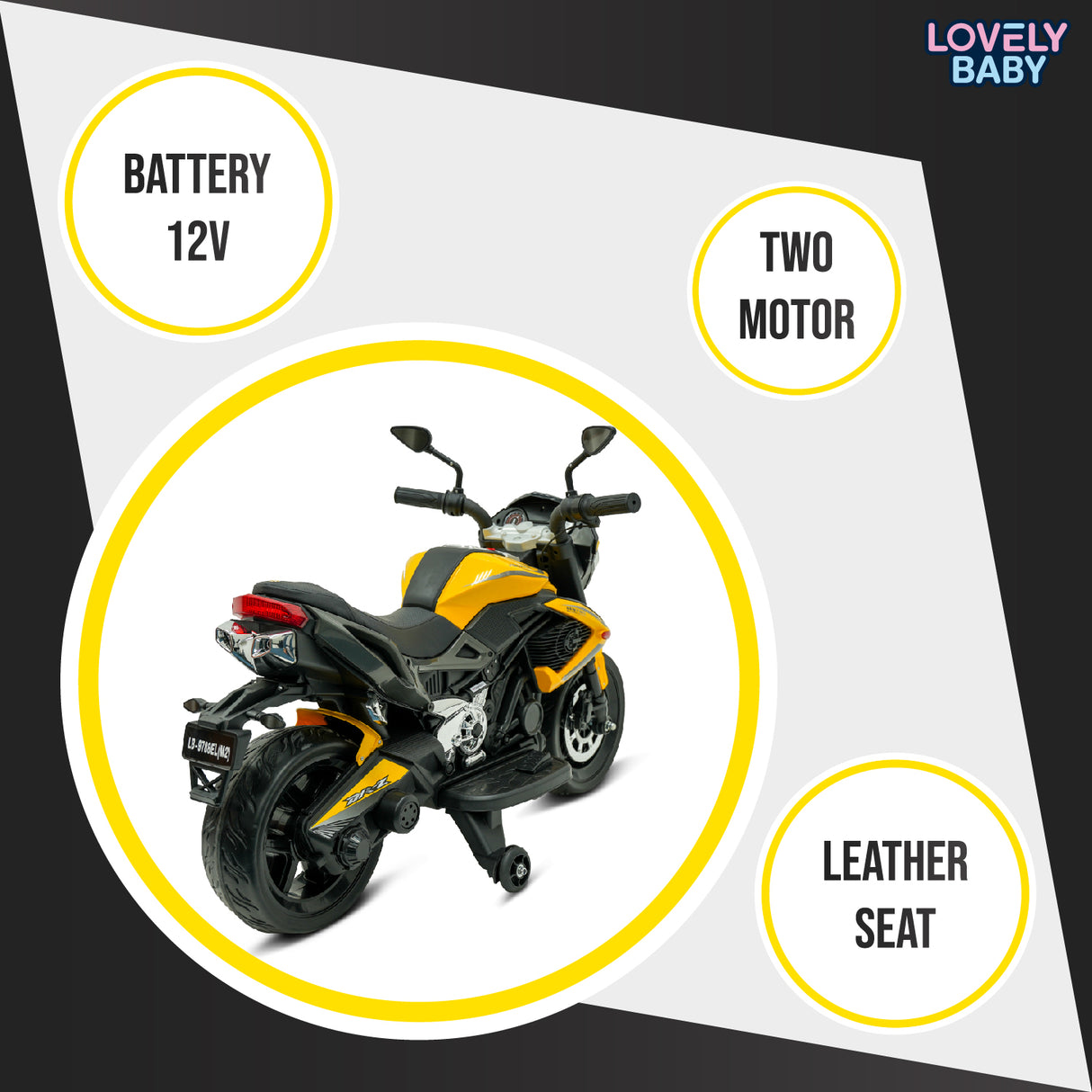 Toy motorcycle with features highlighted on a white background