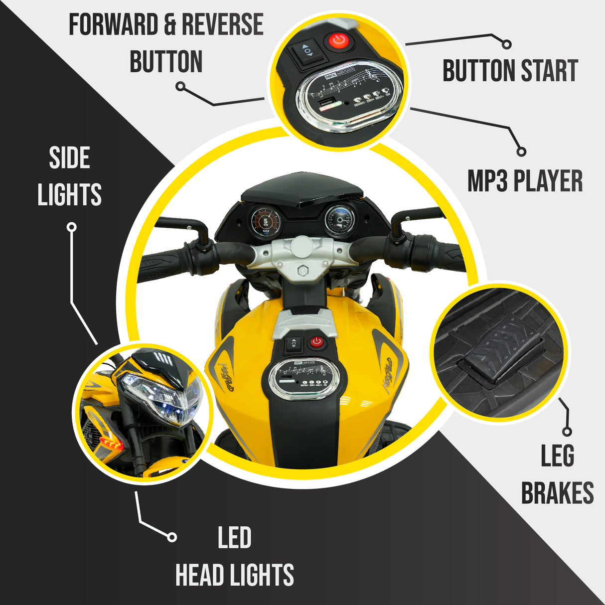 Yellow toy motorcycle with labeled features on a black and white background
