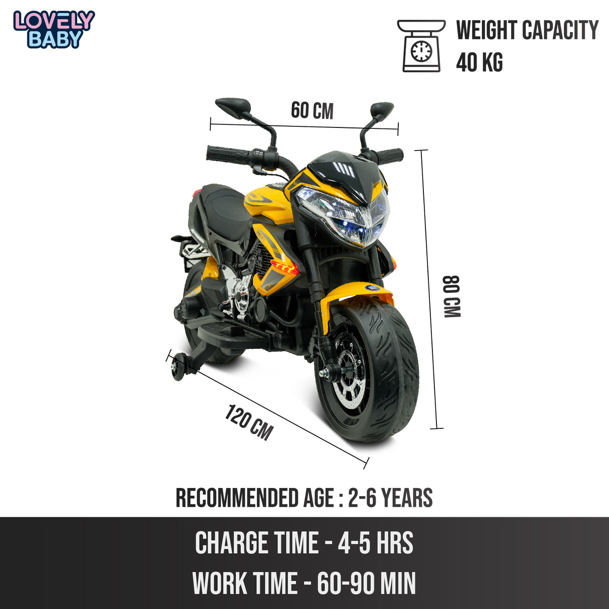 Children's toy motorcycle with dimensions and specifications on a white background