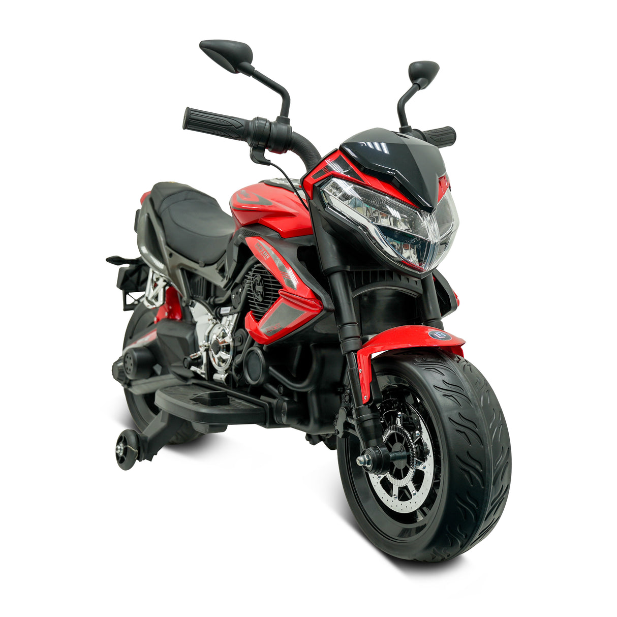 Red and black motorcycle toy on a white background
