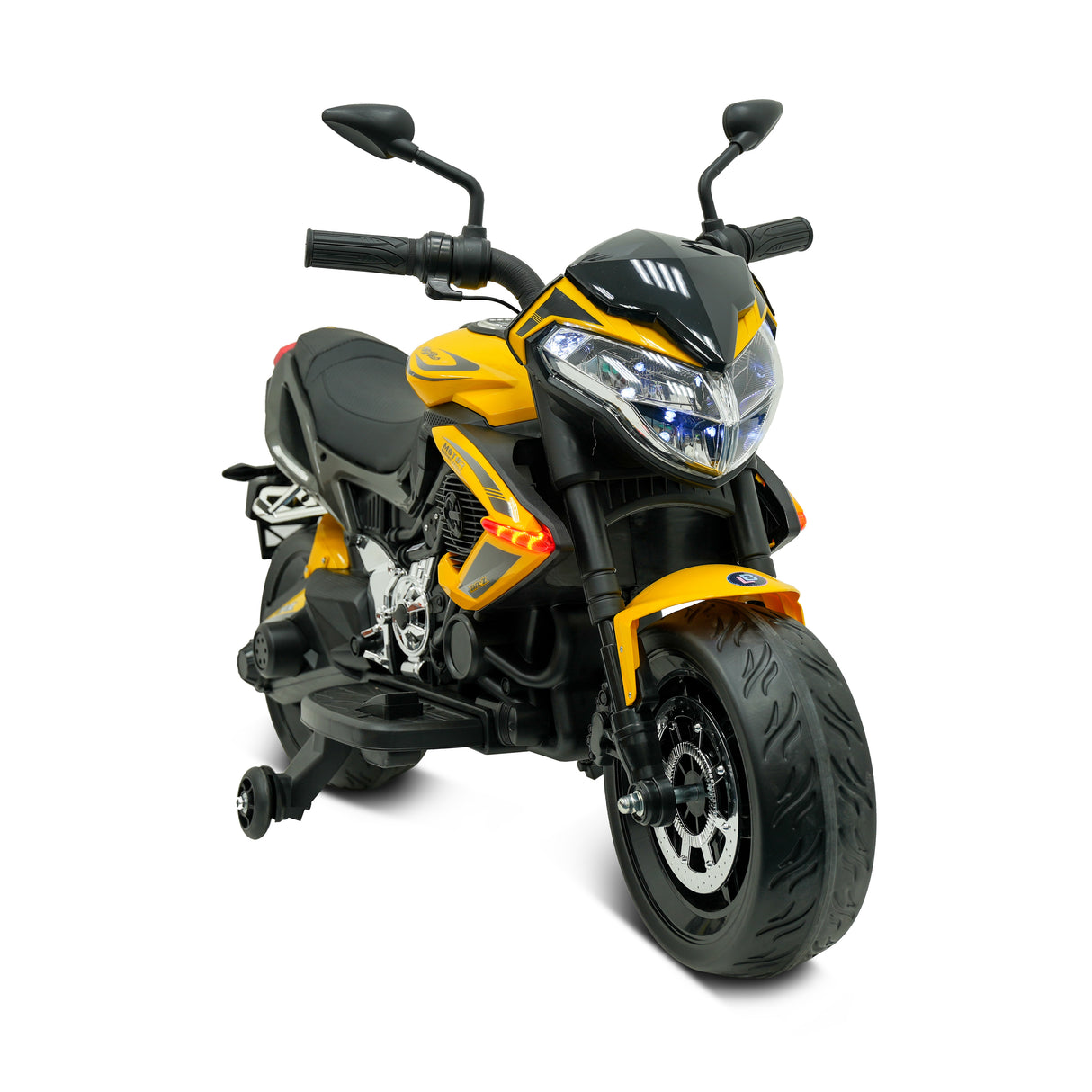 Black and yellow toy motorcycle on a white background