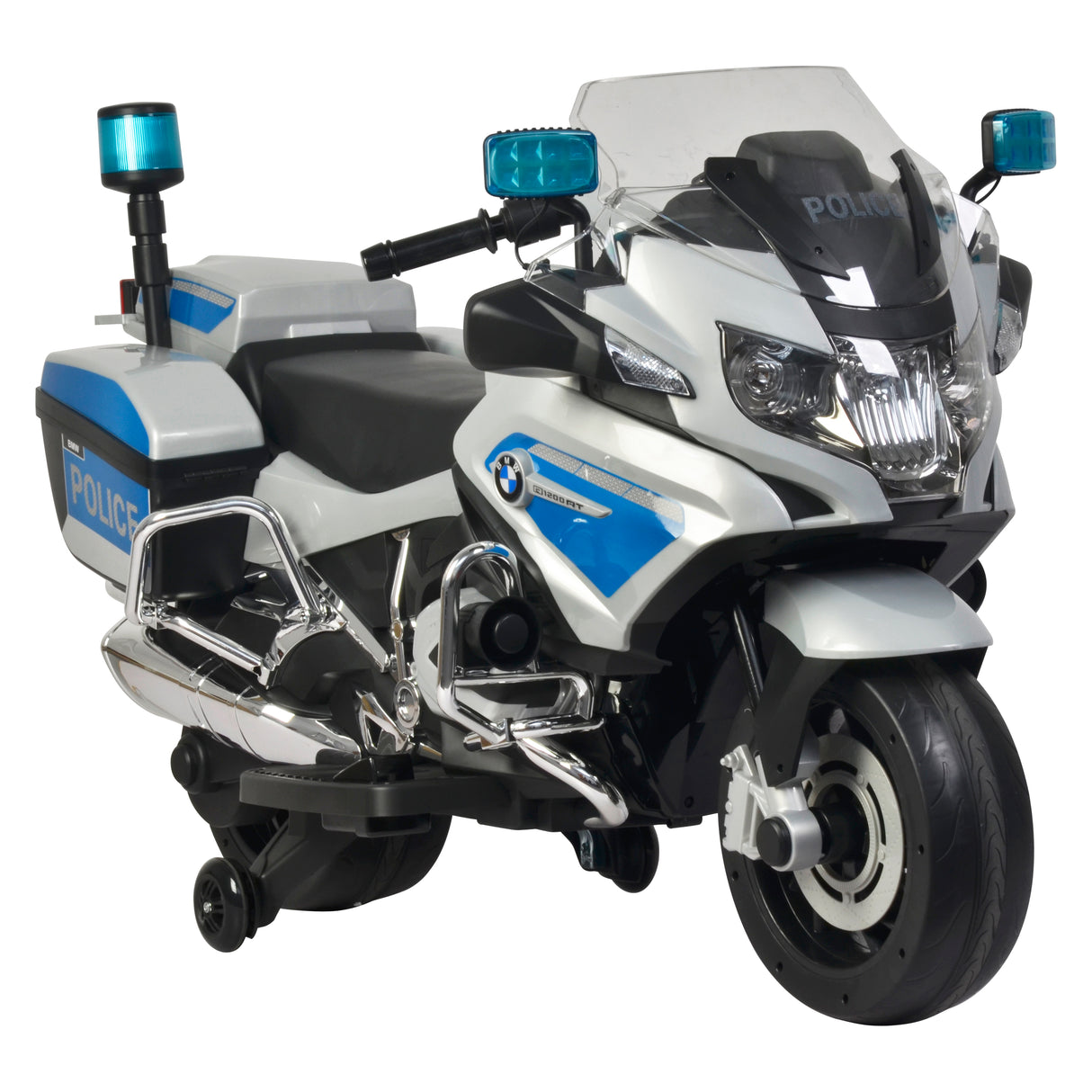 BMW brand toy police motorcycle with blue and black details on a white background