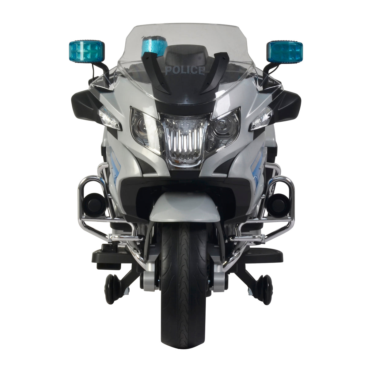 Front view of a police motorcycle with blue lights and BMW logo on a white background