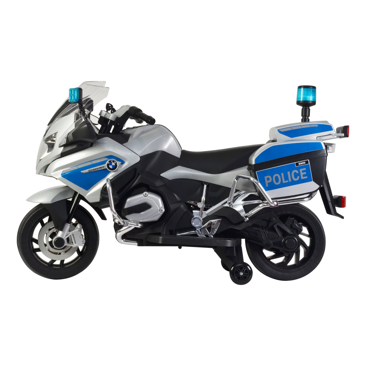 Toy police motorcycle with blue lights and BMW logo on a white background