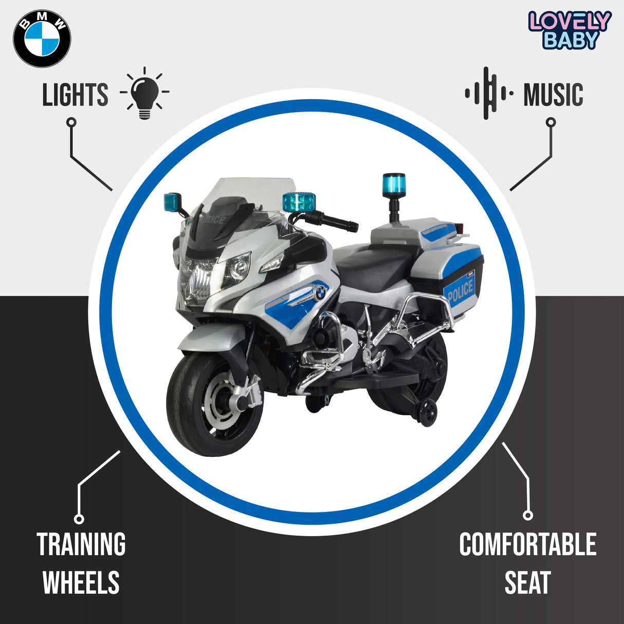 Toy police motorcycle with features highlighted on a gray background