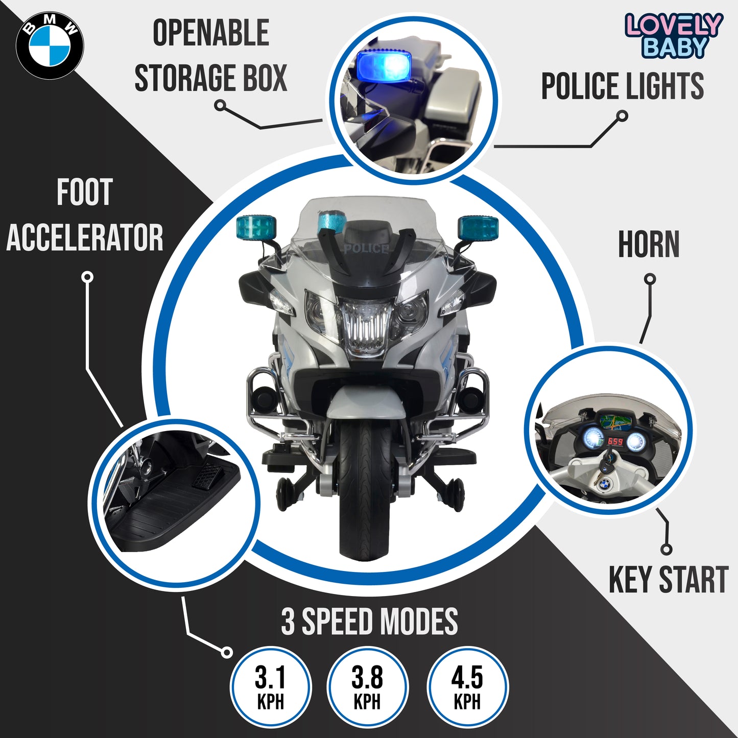 Motorcycle with features highlighted on a black and white background