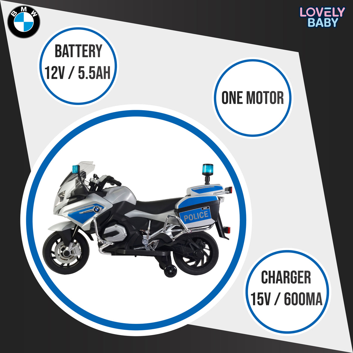 Children's toy police motorcycle with specifications on a white background