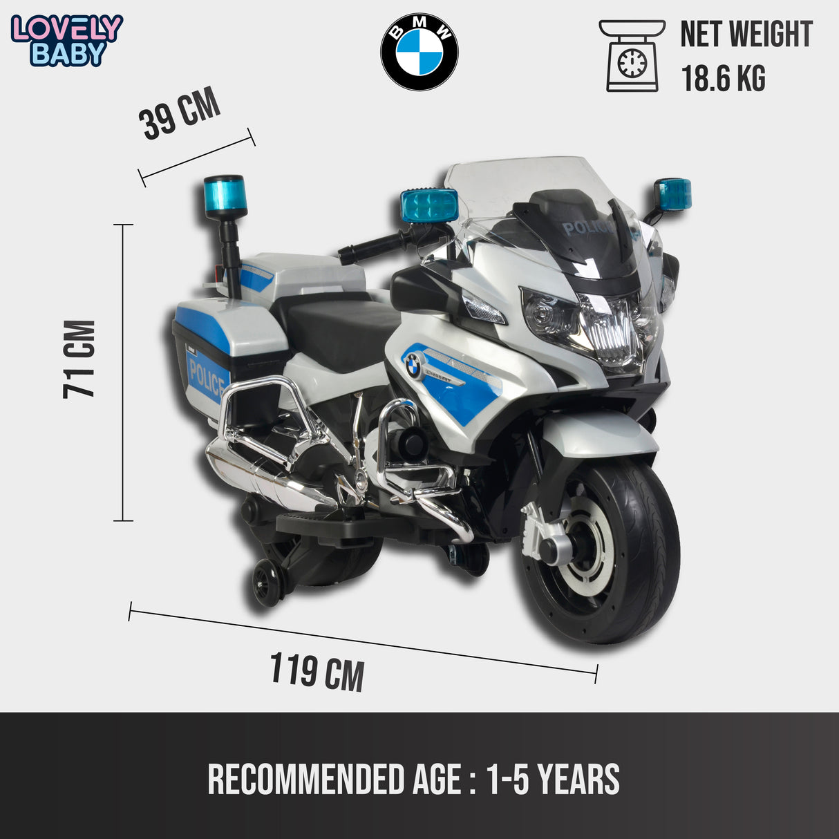 Toy motorcycle with BMW branding, dimensions, and weight information on a white background.