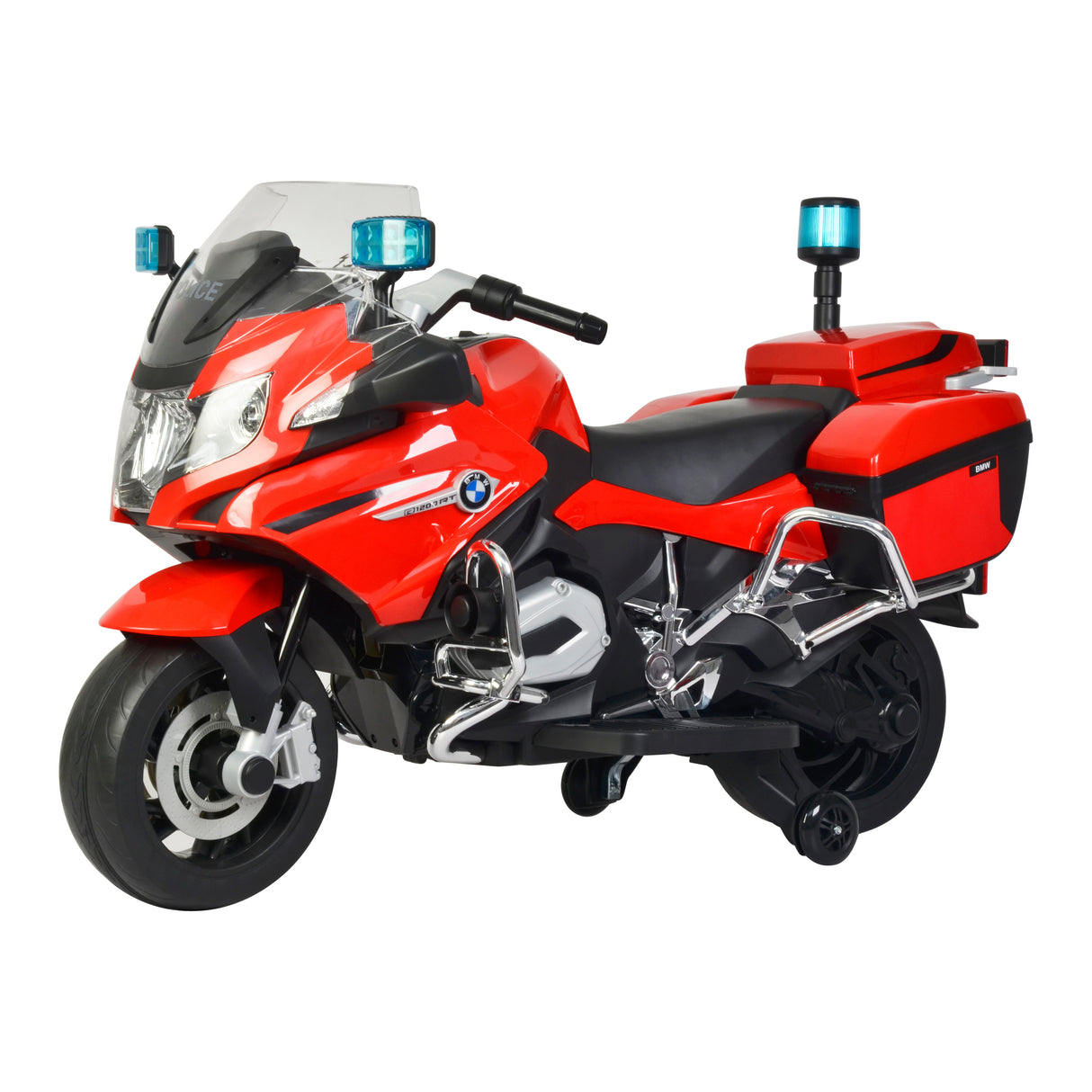 Red toy motorcycle with blue lights and BMW brand on a white background