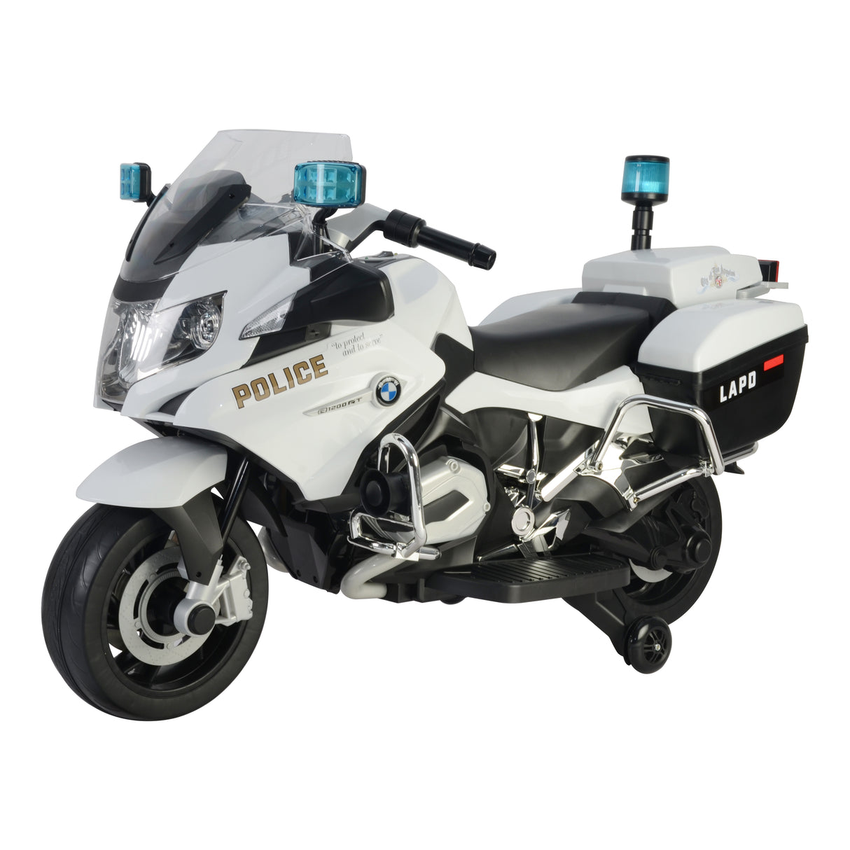 White police motorcycle toy with blue lights and BMW logo on a white background