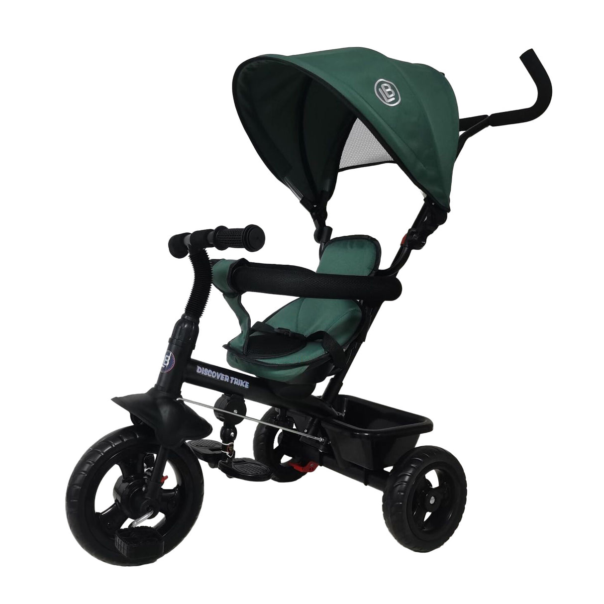 Green and black tricycle with canopy on a white background