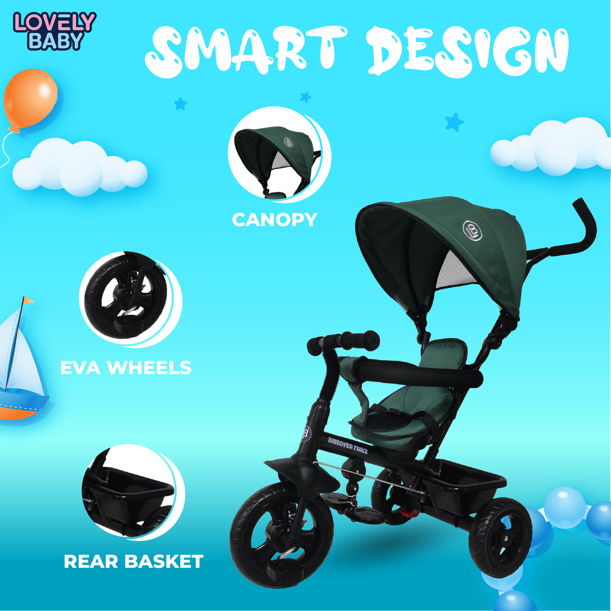 Green baby tricycle with canopy on a blue background with cloud and balloon graphics.