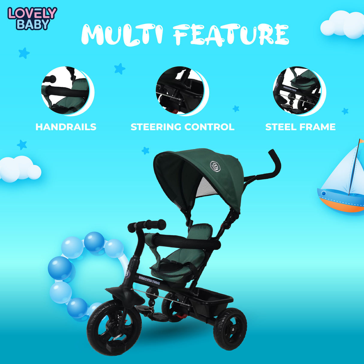 Children's tricycle with features highlighted on a blue background, featuring the brand 'Lovely Baby'.