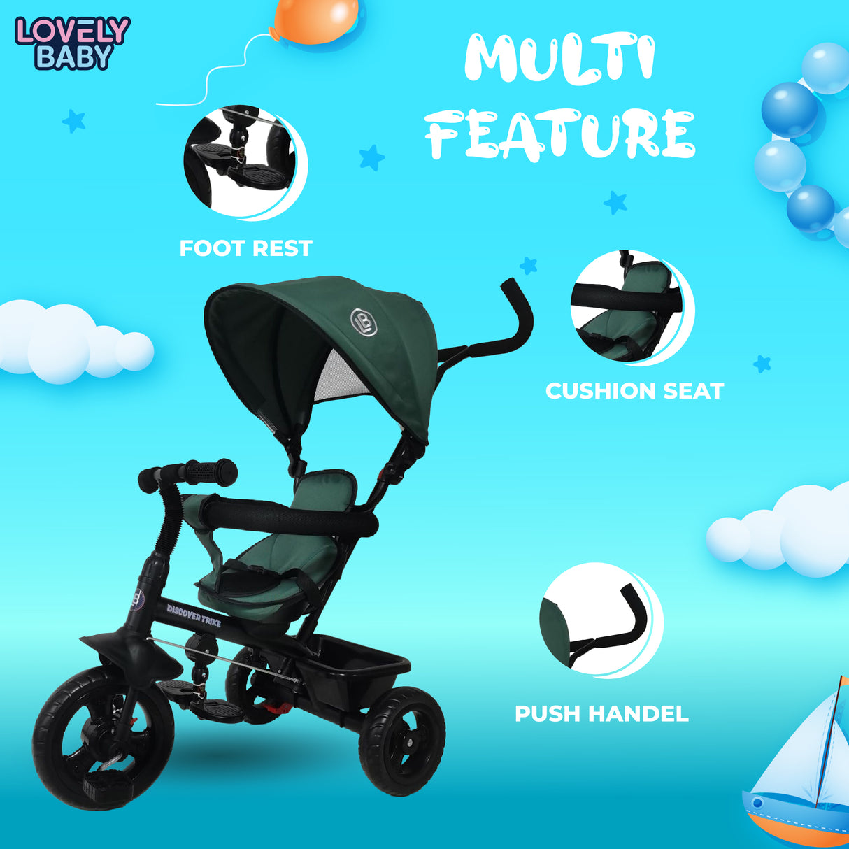 Green baby tricycle with features highlighted on a blue background with clouds and balloons.