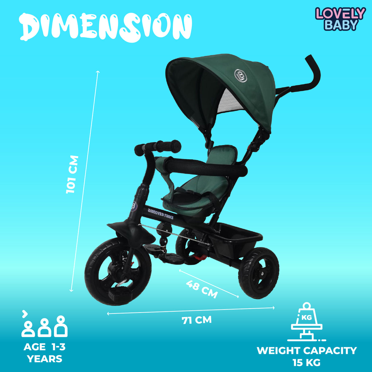 Green baby tricycle with dimensions and features on a blue background