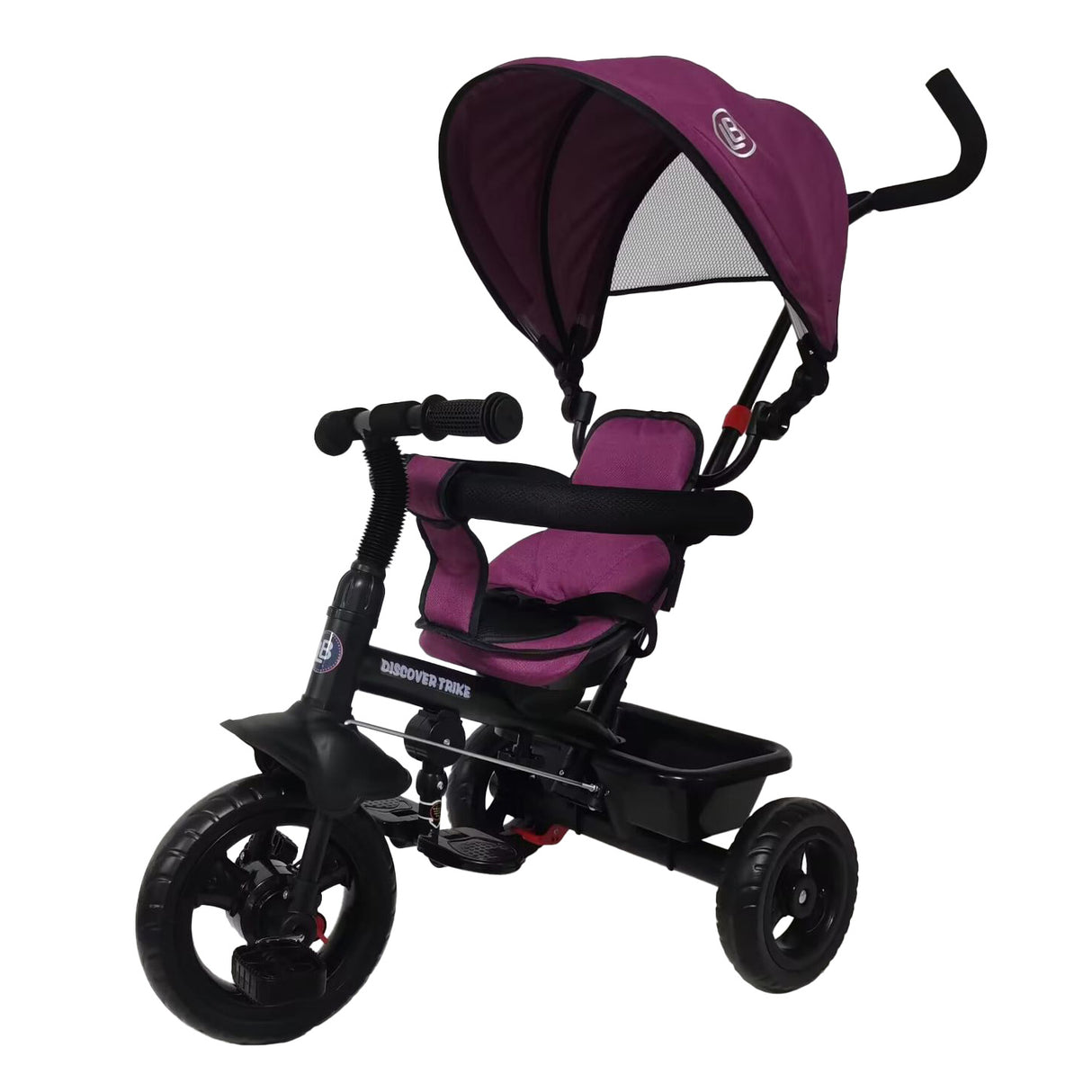 Purple and black tricycle with canopy on a white background