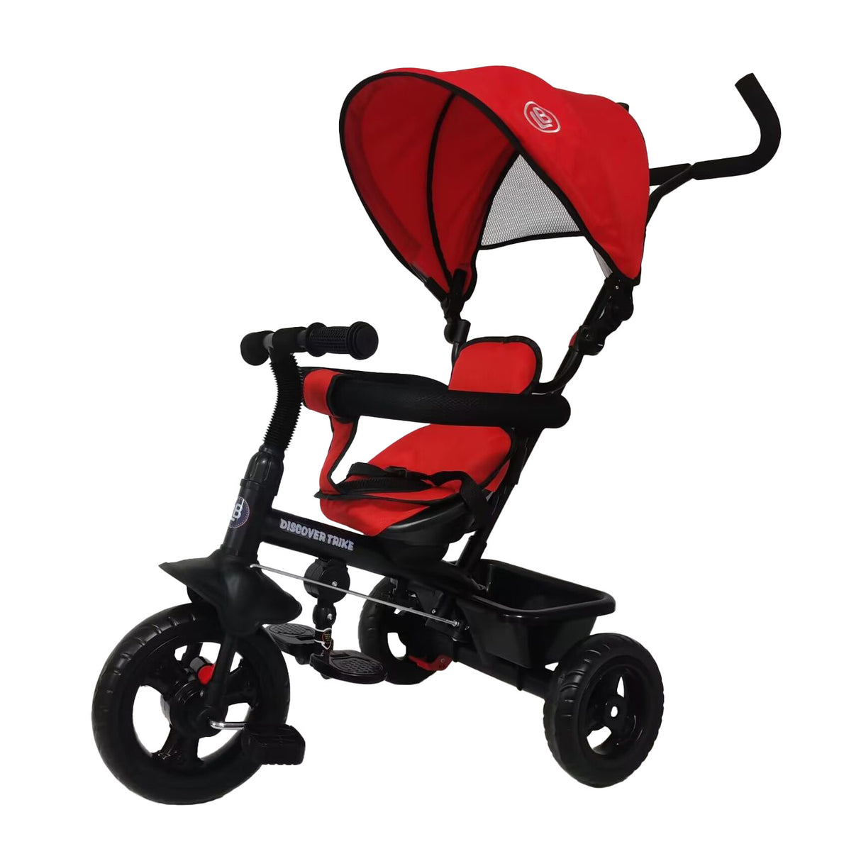 Red and black children's tricycle with canopy on a white background