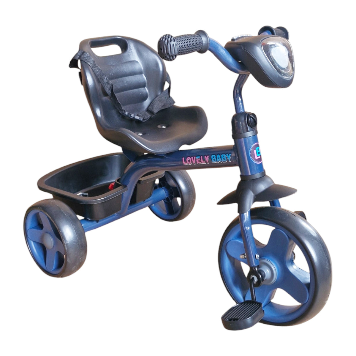 Blue children's tricycle with a seat on a white background