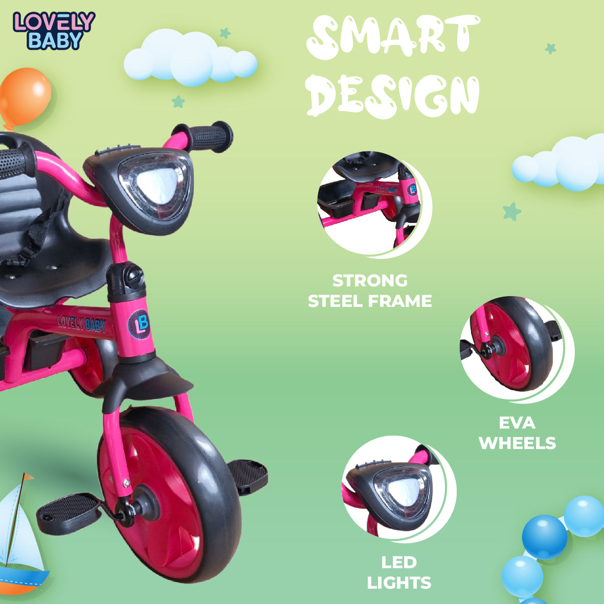 Pink and red children's tricycle with features highlighted on a green background
