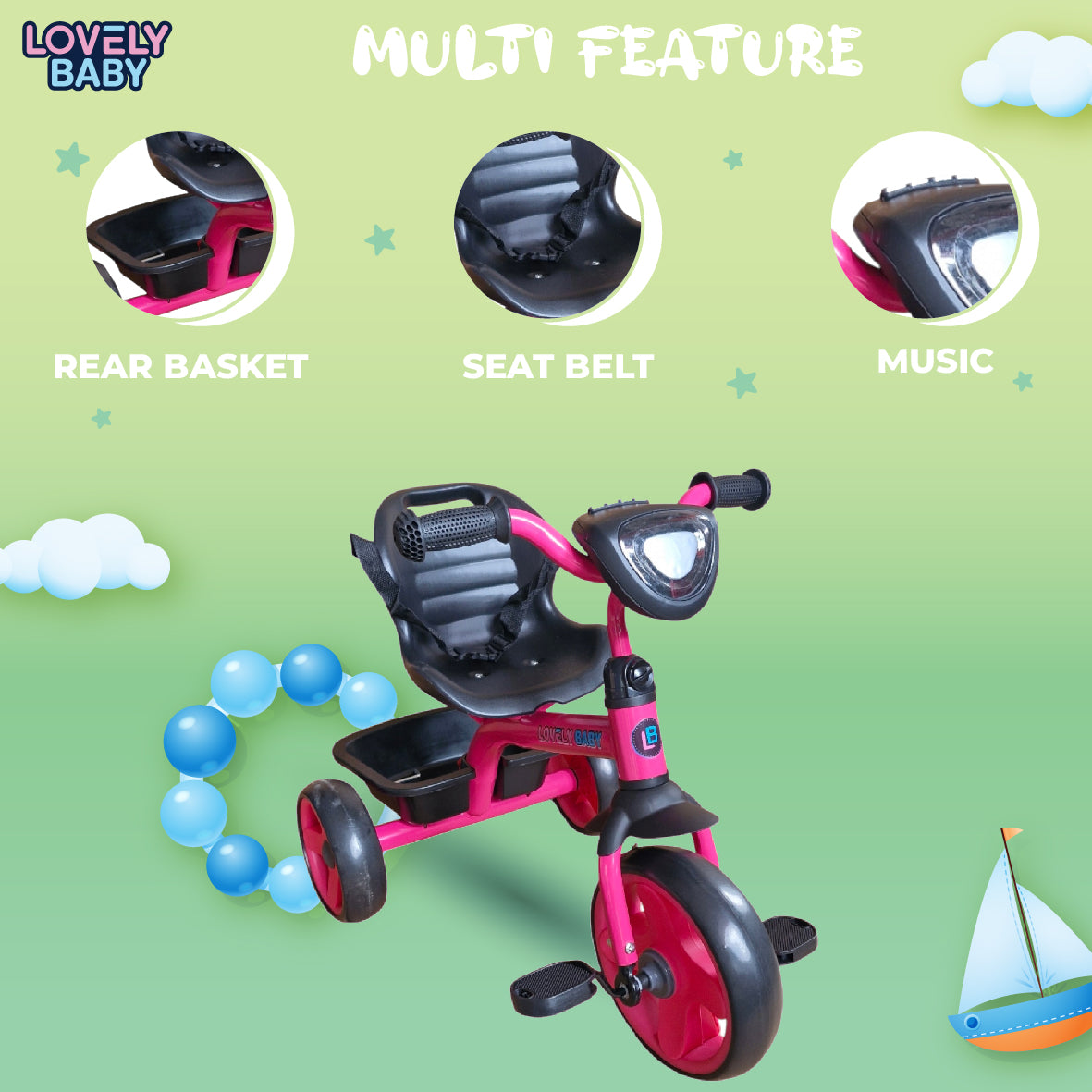 Pink children's tricycle with features like rear basket, seat belt, and music on a green background.