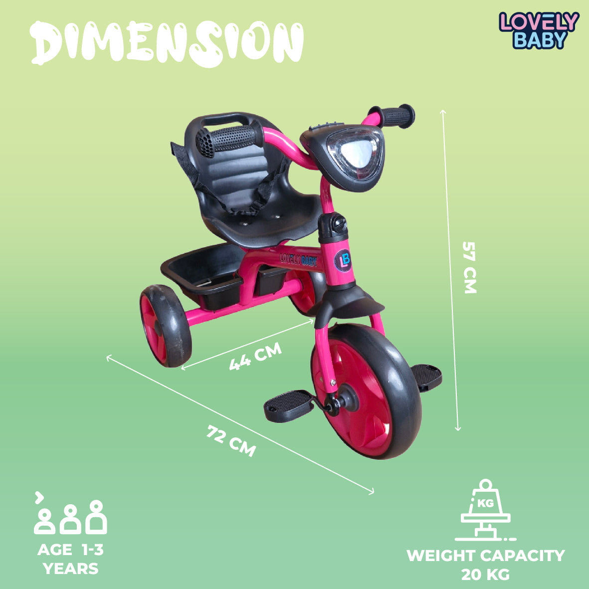Pink children's tricycle with dimensions and capacity details on a green background