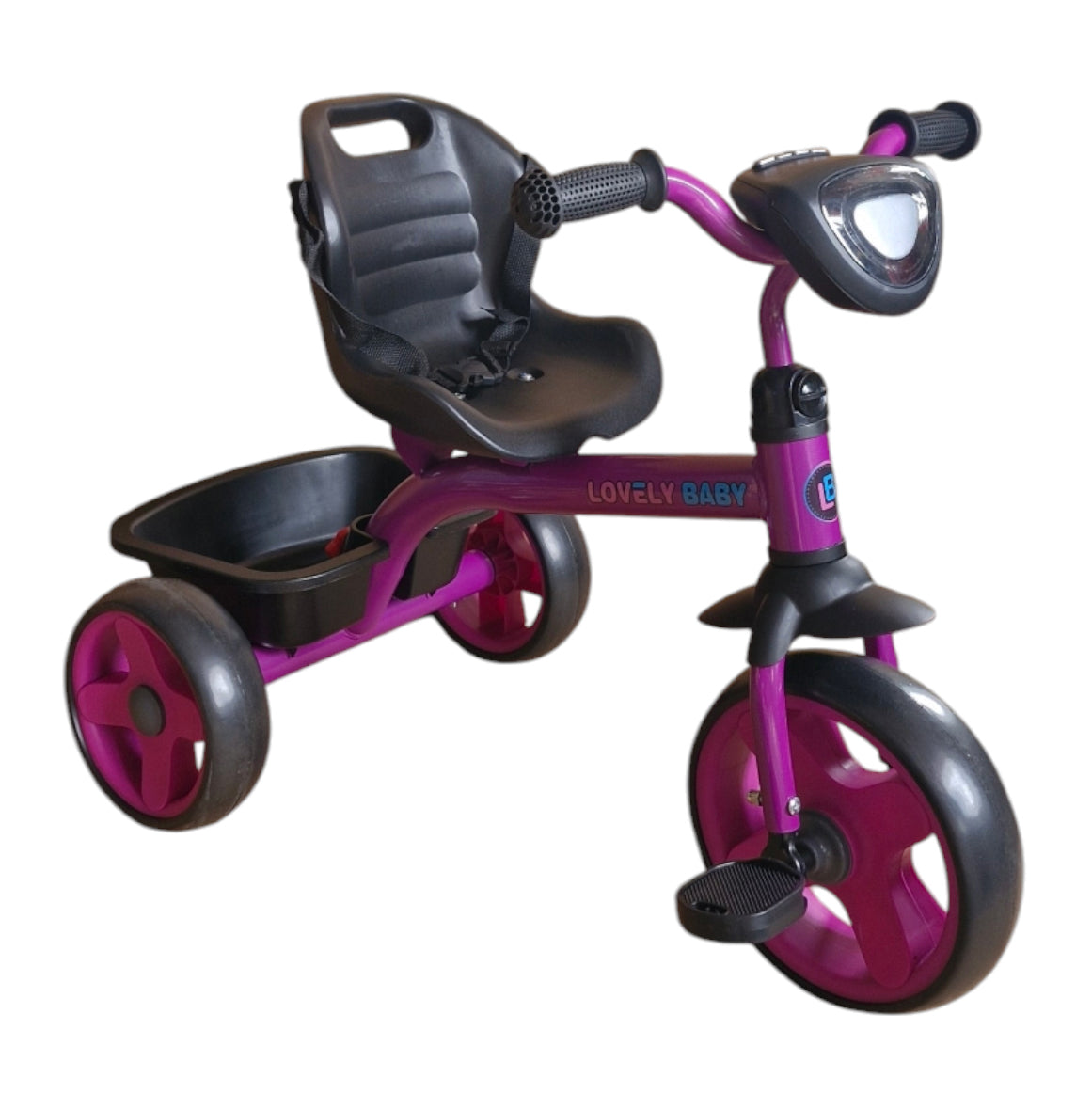 Purple and black tricycle with 'Lovely Baby' branding on a white background