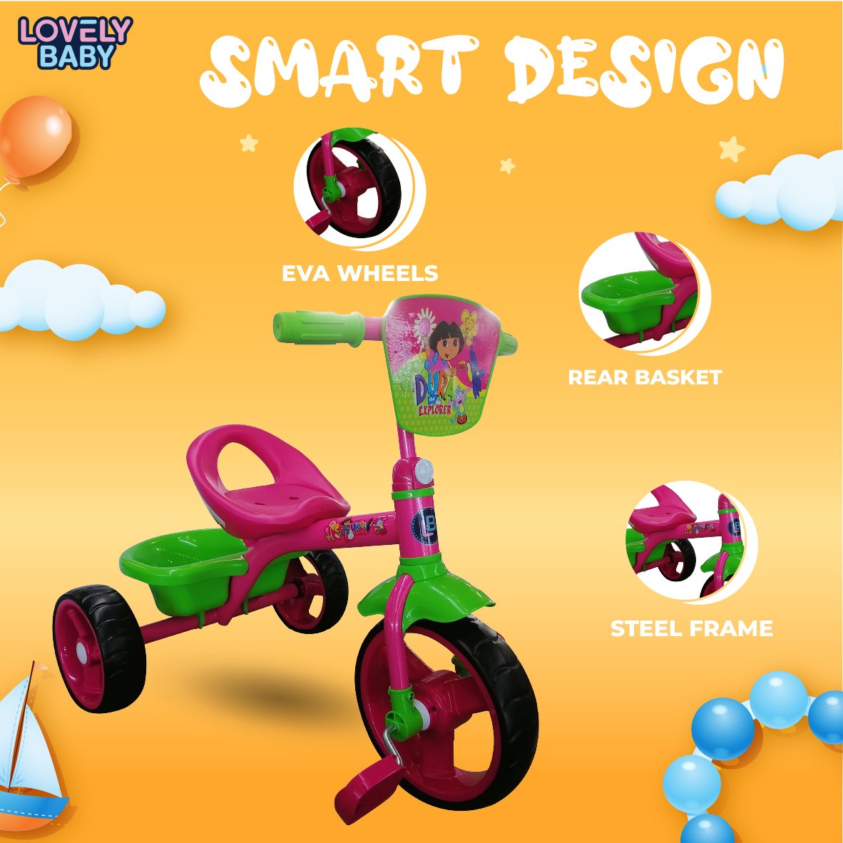Lovely Baby Plug & Play Trike with Rear Basket