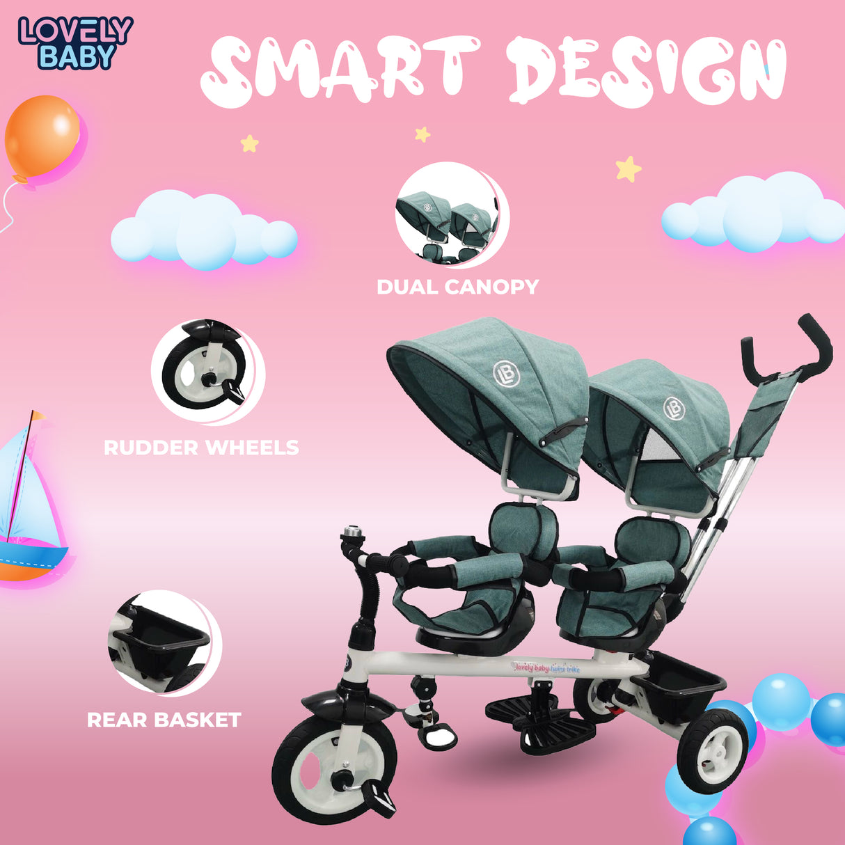 Lovely Baby 2-Seater Trike with Canopy