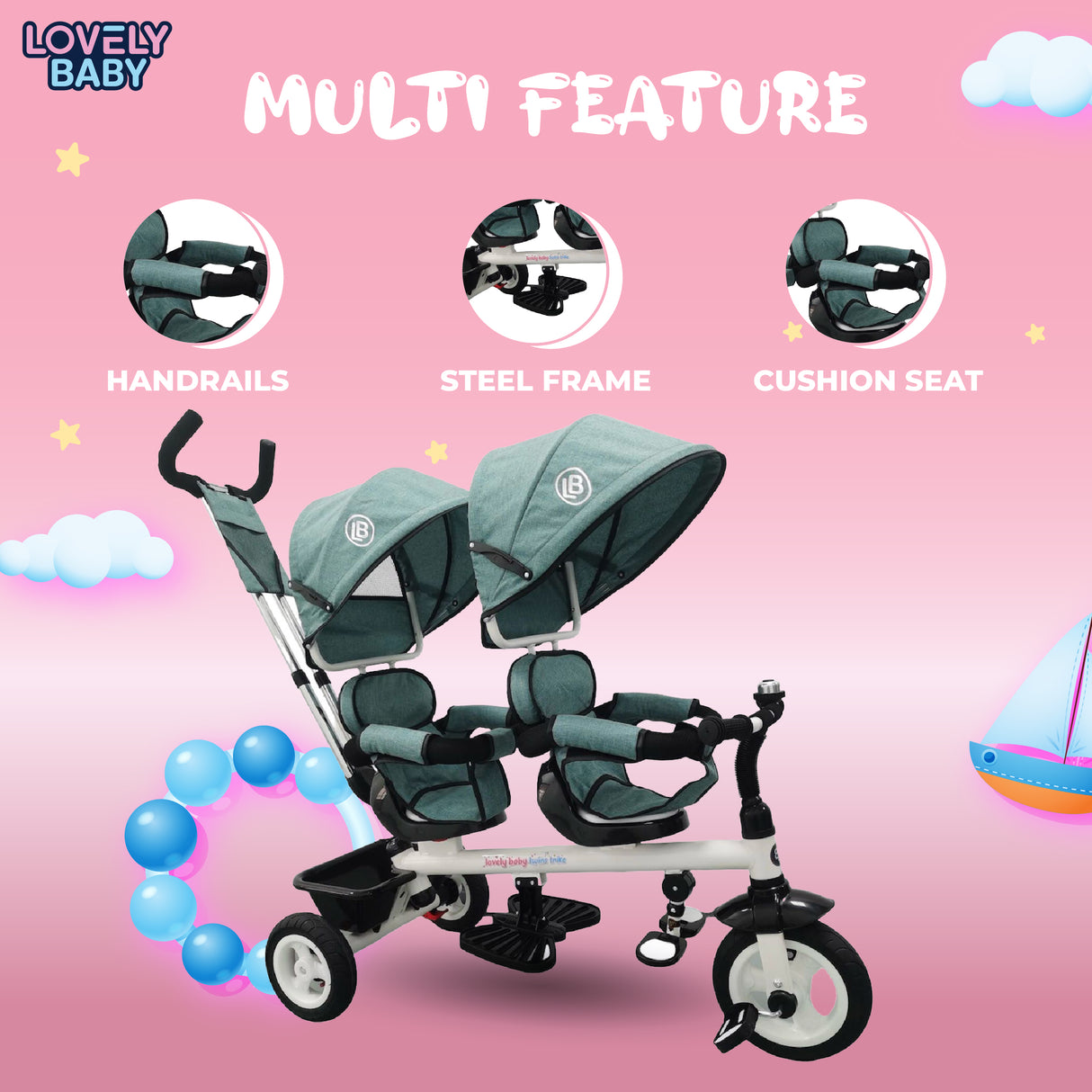 Lovely Baby 2-Seater Trike with Canopy