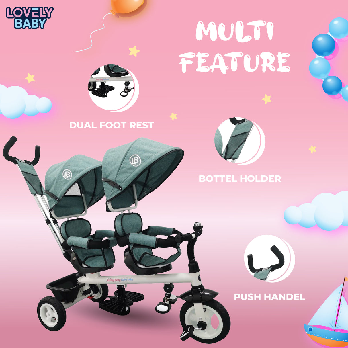 Lovely Baby 2-Seater Trike with Canopy