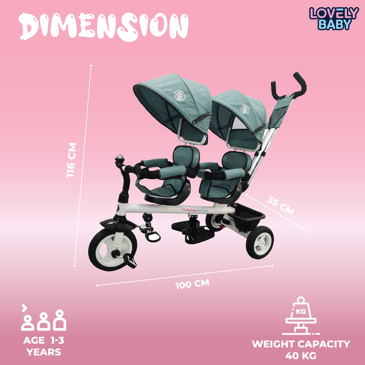 Lovely Baby 2-Seater Trike with Canopy