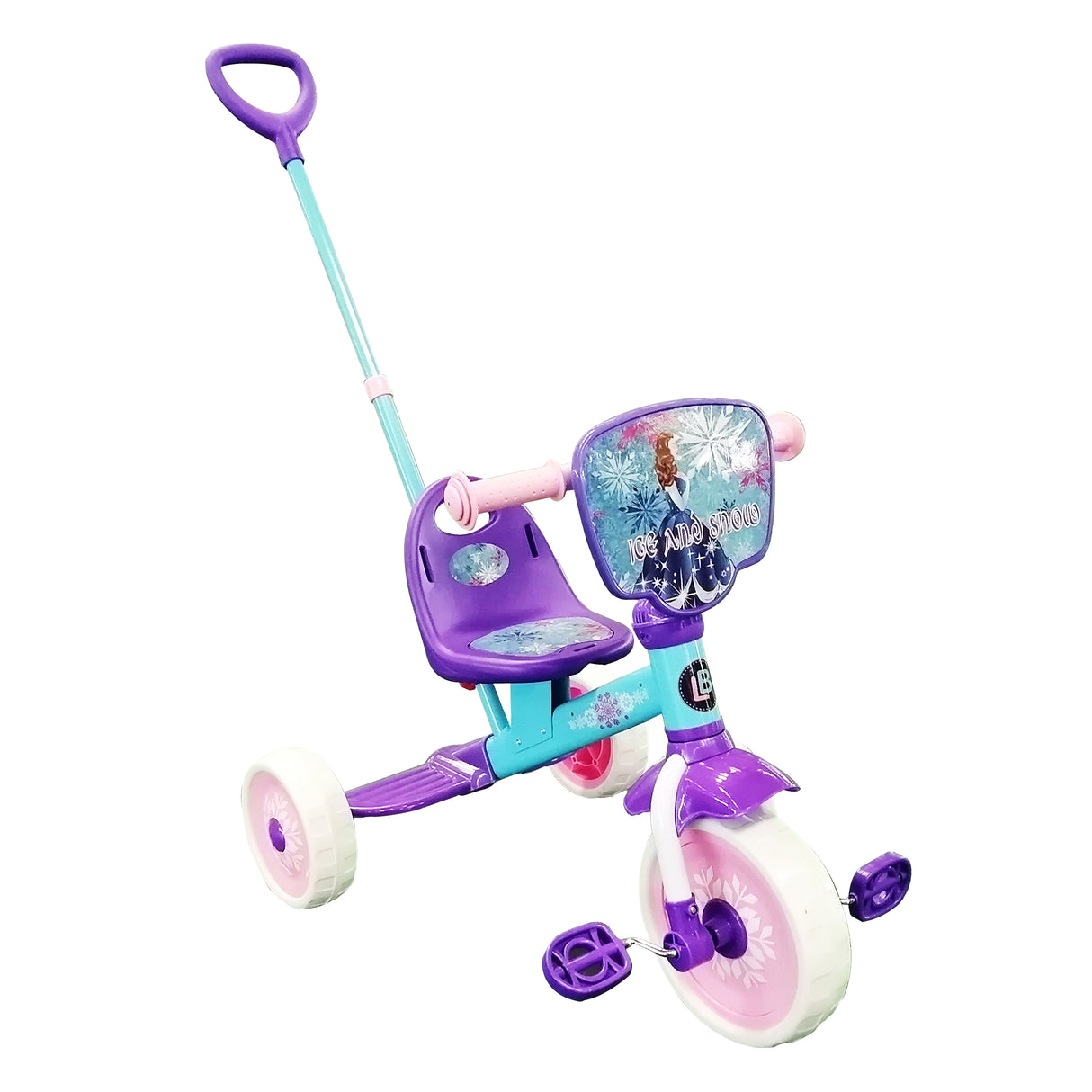 Children's tricycle with purple and blue design on a white background