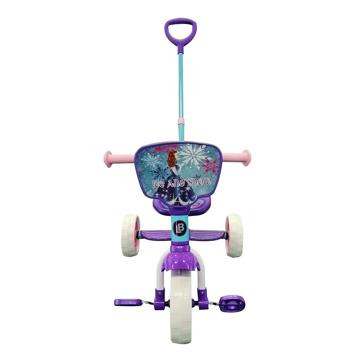 Children's tricycle with blue and purple handlebar and basket on a white background