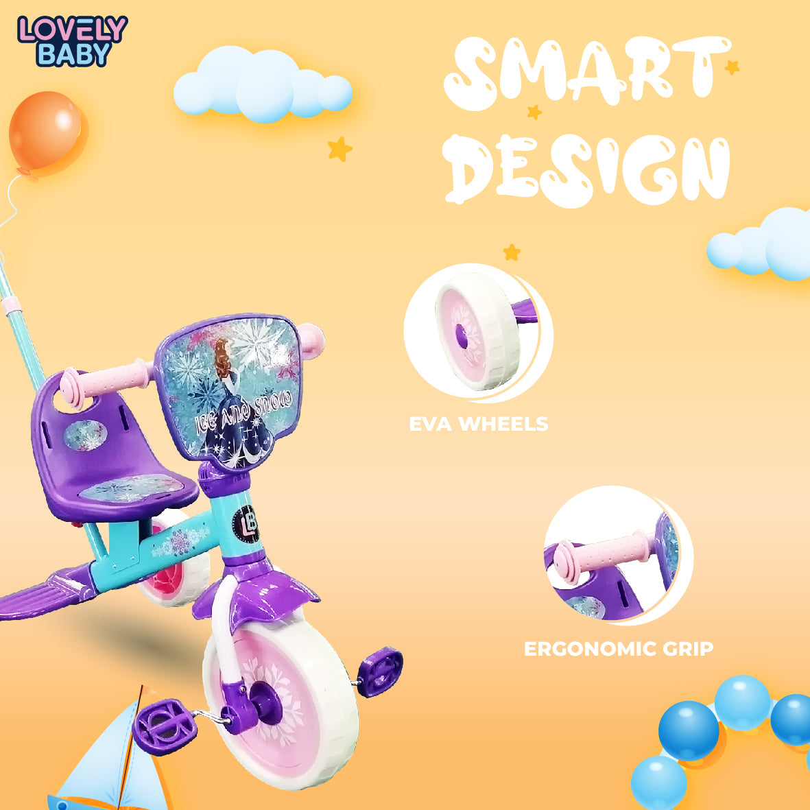 Children's bicycle with purple seat and blue frame on a yellow background, featuring 'Lovely Baby' branding.