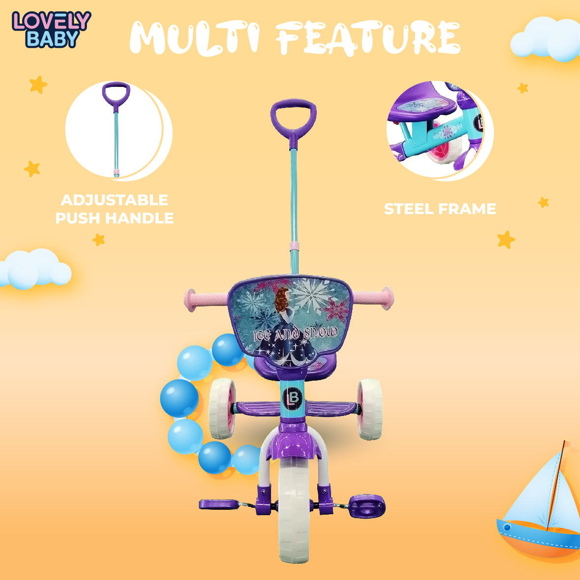 Children's tricycle with features highlighted on a yellow background, including an adjustable push handle and steel frame.