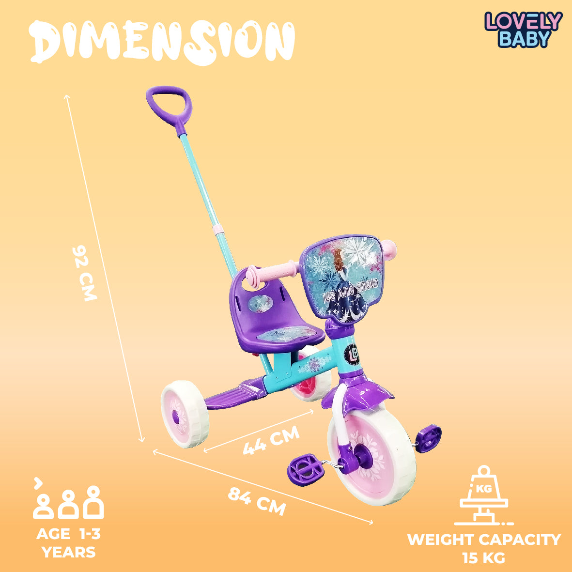 Children's tricycle with dimensions and capacity details on a gradient background